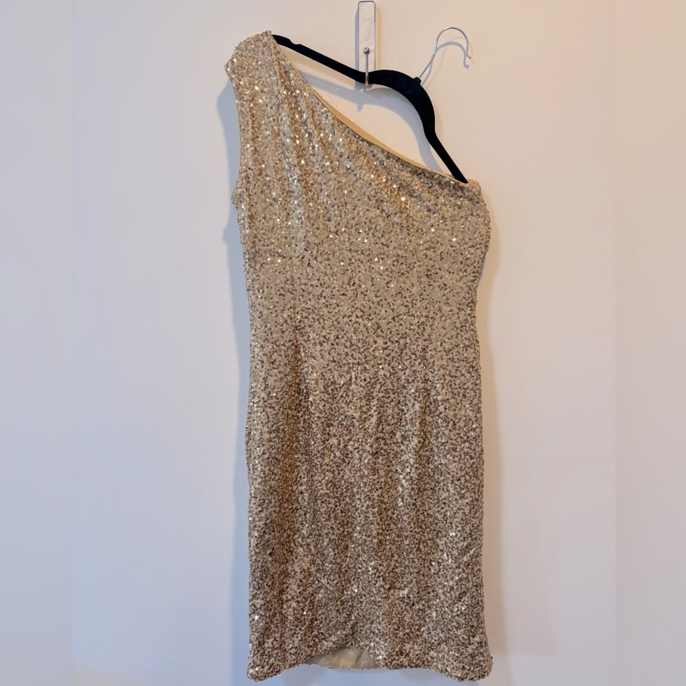 Calvin Klein Gold Sequin One-Shoulder Dress Size S - Picture 5 of 6